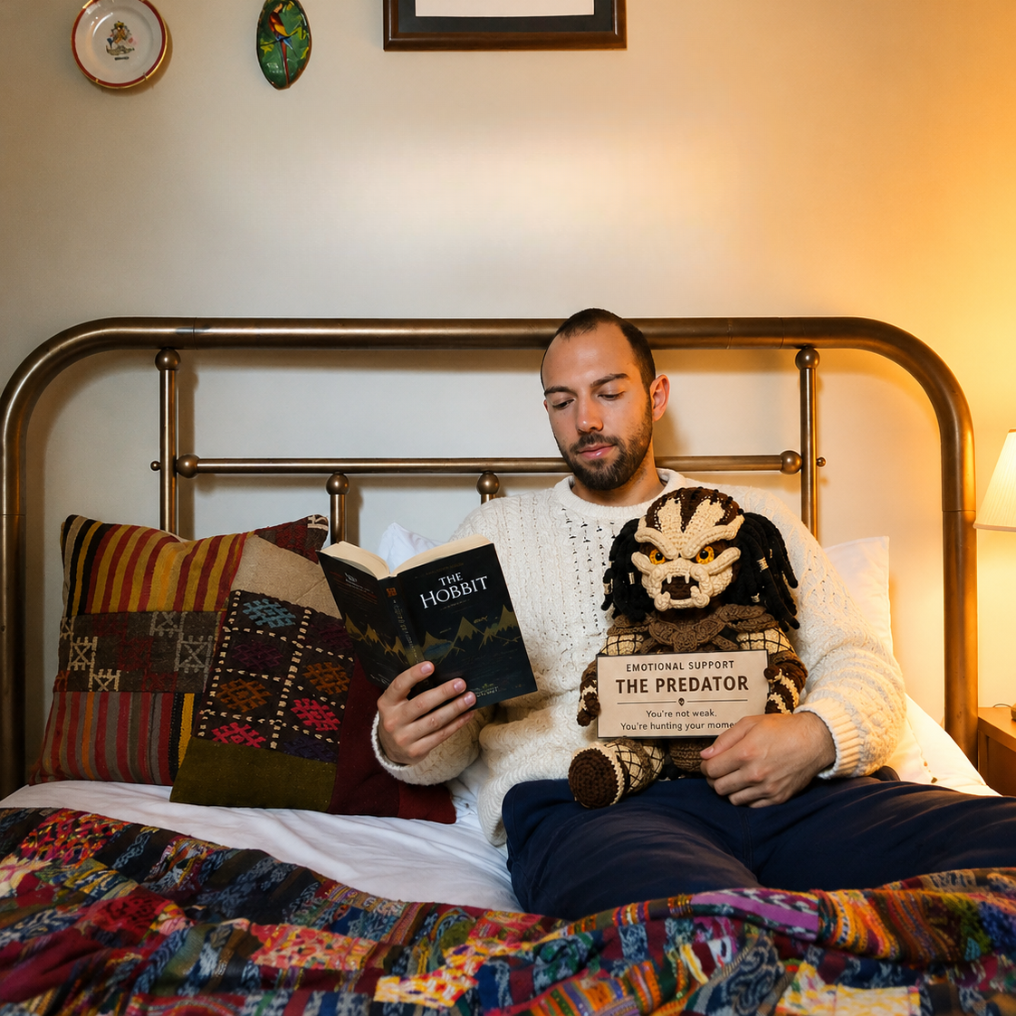 A man sits on a bed in a warmly lit bedroom, reading a book and holding a plush toy with a sign that reads 'I AM THE PREDATOR'. The room has a metal bed frame, patterned pillows, and framed wall art.