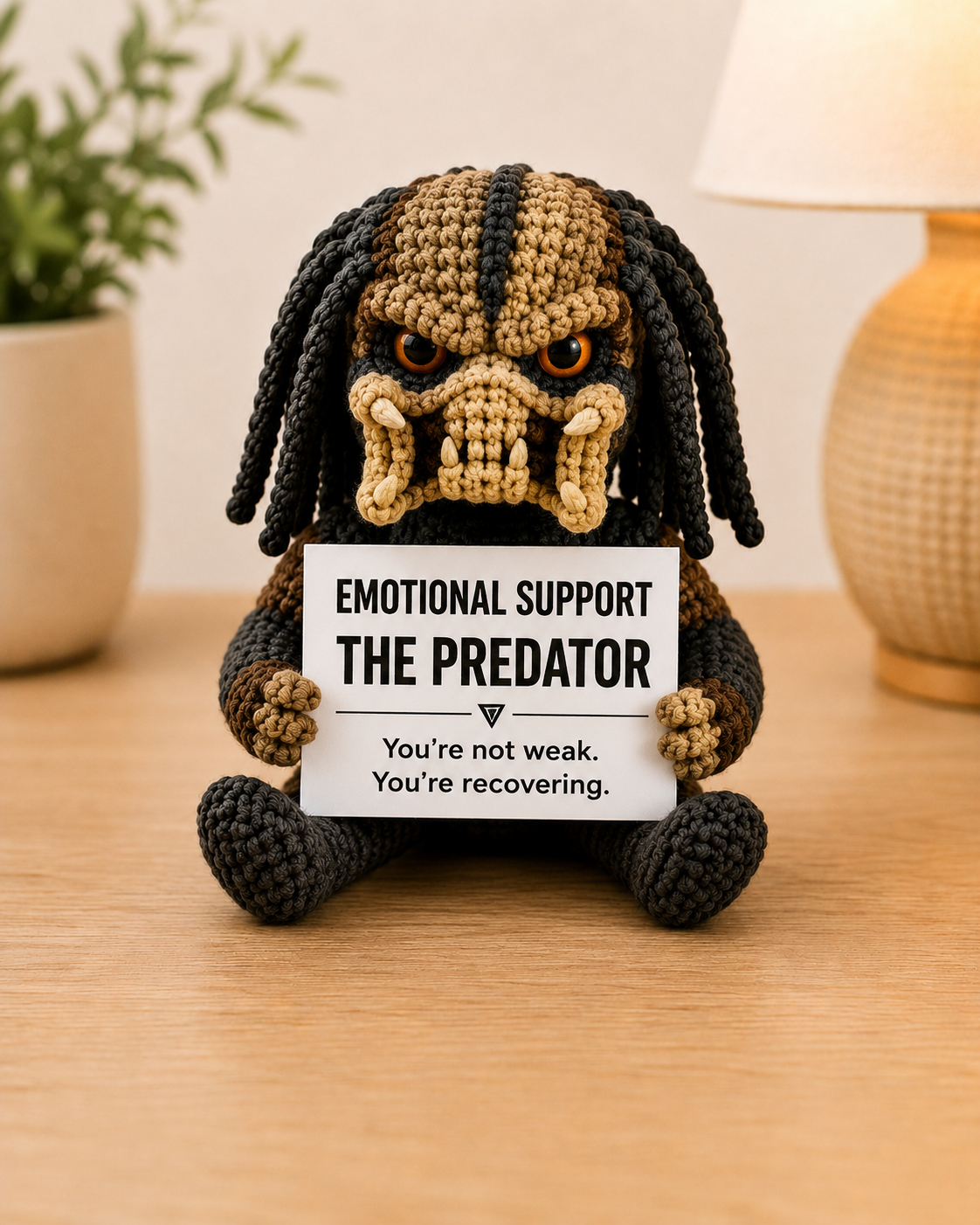 Emotional Support – The Predator 👾 - Handmade Crochet Doll - “You’re not weak. You’re recovering.”