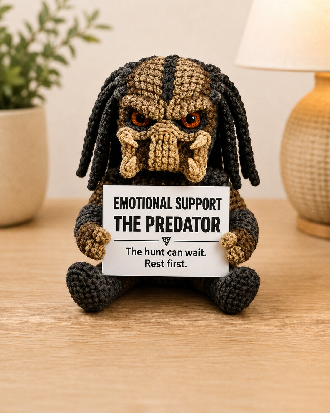 Emotional Support – The Predator 👾 - Handmade Crochet Doll  - “The hunt can wait. Rest first.”