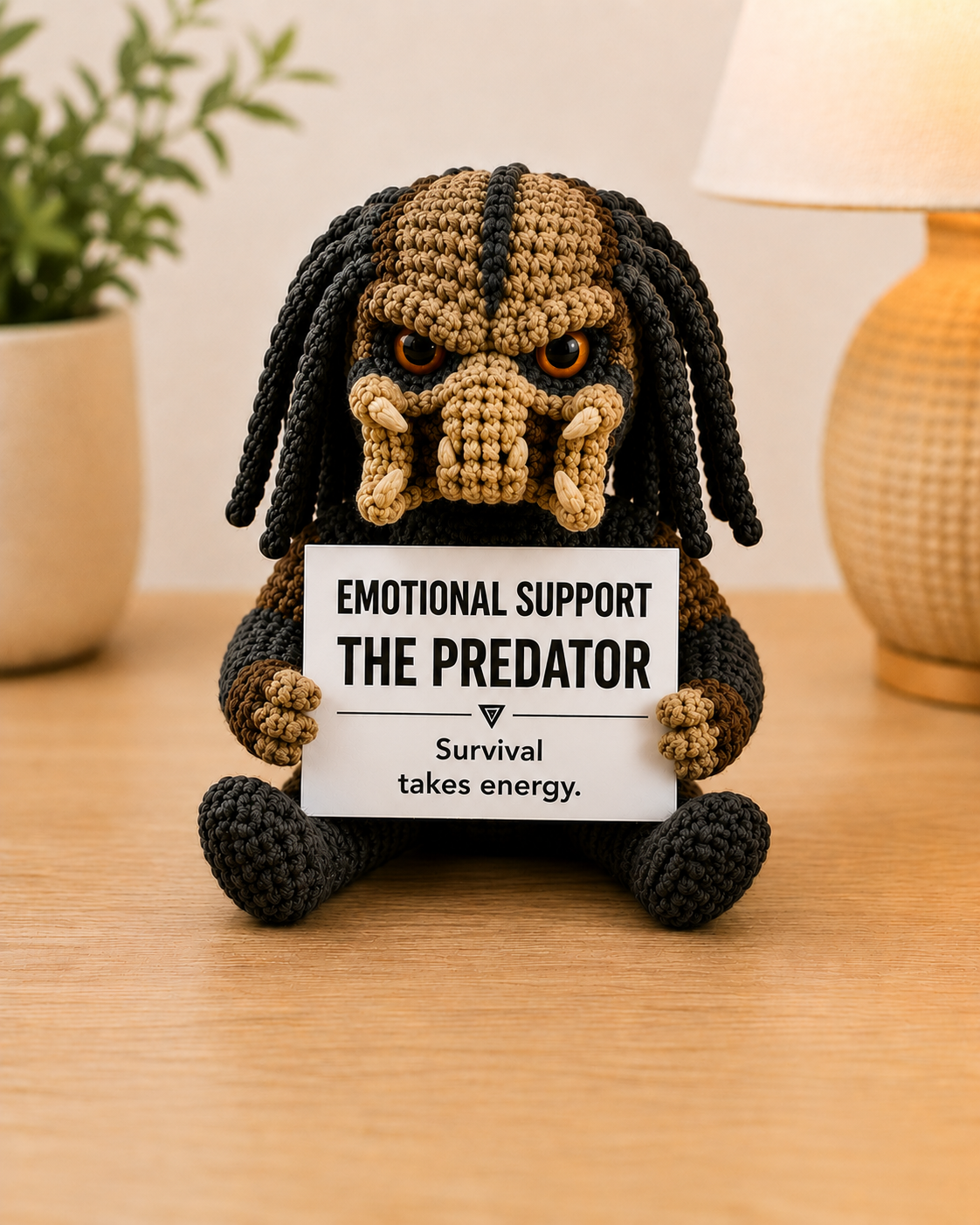Emotional Support – The Predator 👾 - Handmade Crochet Doll - “Survival takes energy.”