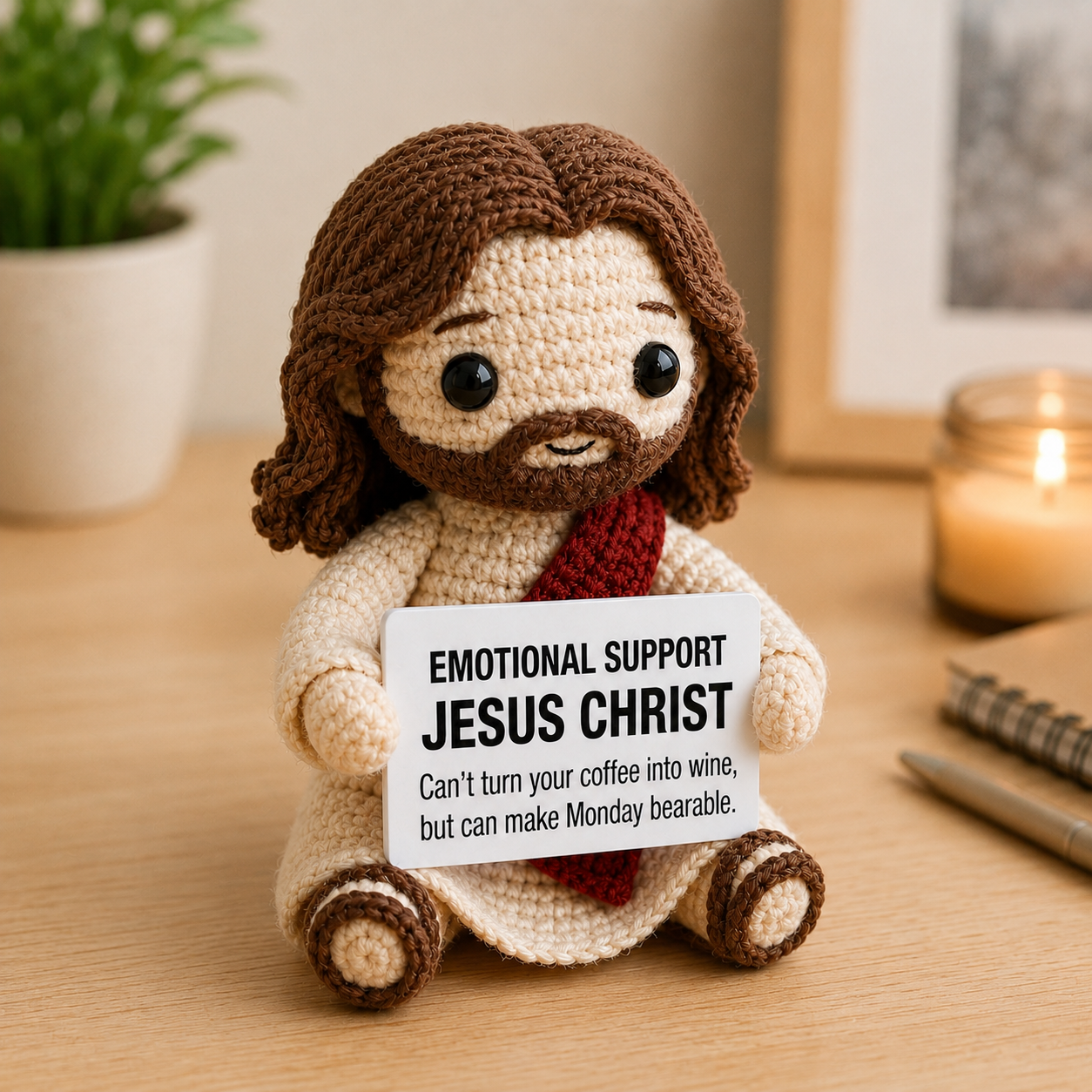 Emotional Support Jesus Christ Crochet Doll – Funny Monday Gift