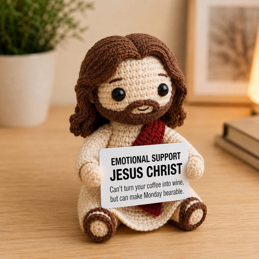 Emotional Support Jesus Christ Crochet Doll – Funny Monday Gift
