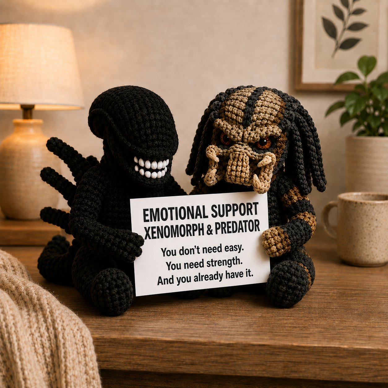 Emotional Support Xenomorph & Predator Duo – Strength Reminder Crochet Plush