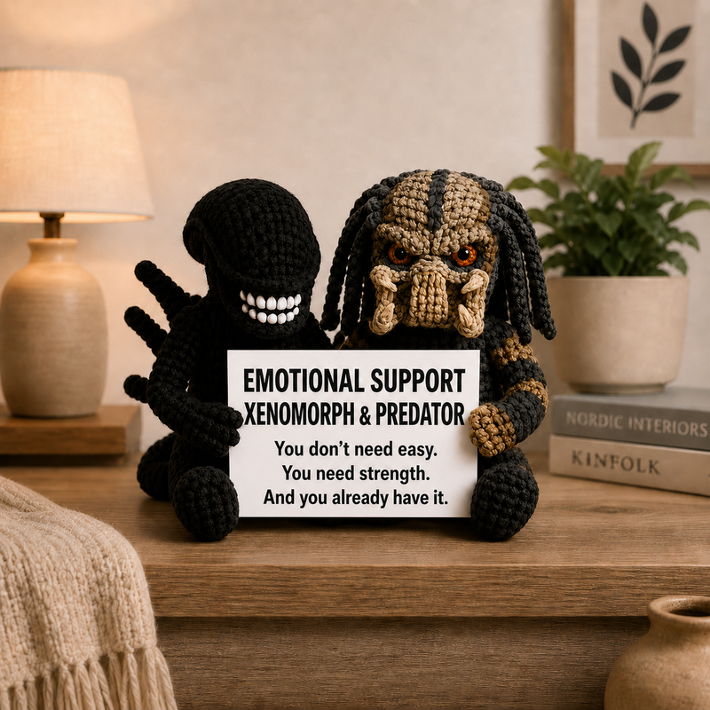 Emotional Support Xenomorph & Predator Duo – Strength Reminder Crochet Plush