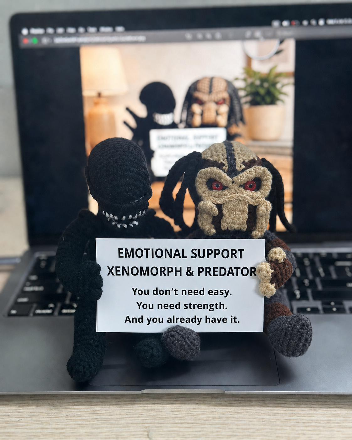 Emotional Support Xenomorph & Predator Duo – Strength Reminder Crochet Plush