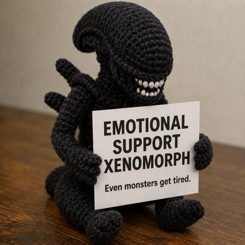 Emotional Support Xenomorph – Handmade Crochet Doll - Tired Monster Xenomorph