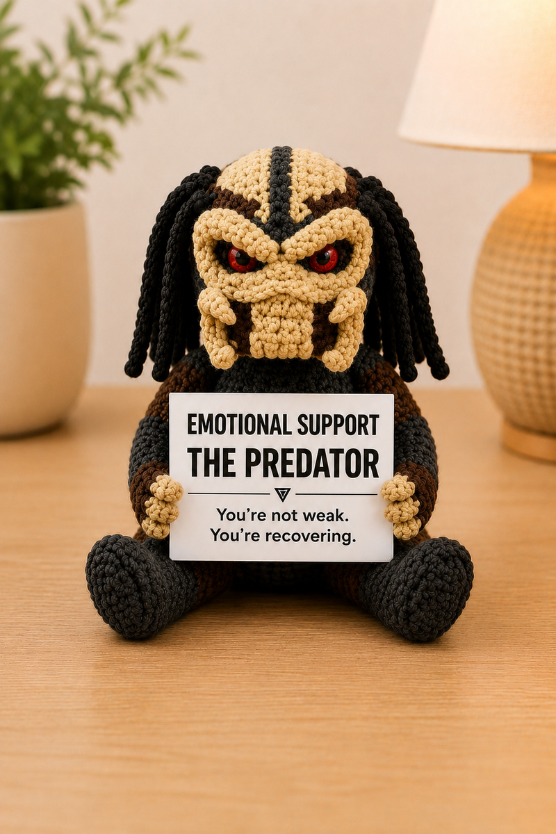 Emotional Support – The Predator 👾 - Handmade Crochet Doll - “You’re not weak. You’re recovering.”