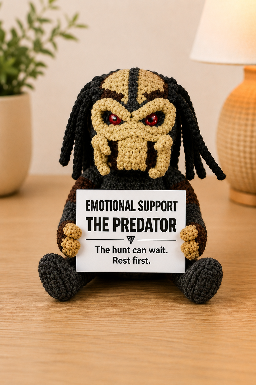 Emotional Support – The Predator 👾 - Handmade Crochet Doll  - “The hunt can wait. Rest first.”