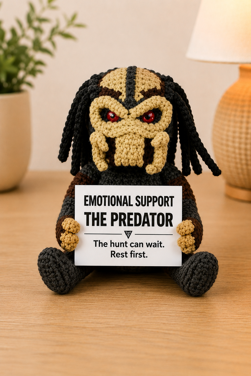 Emotional Support – The Predator 👾 - Handmade Crochet Doll  - “The hunt can wait. Rest first.”