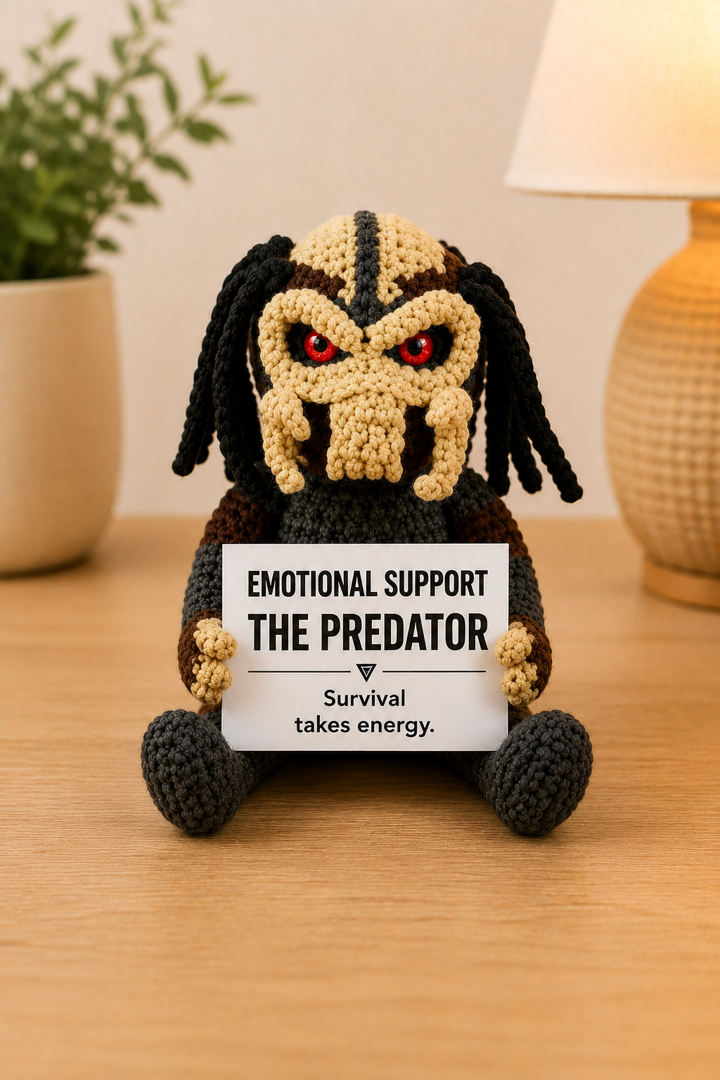 Emotional Support – The Predator 👾 - Handmade Crochet Doll - “Survival takes energy.”