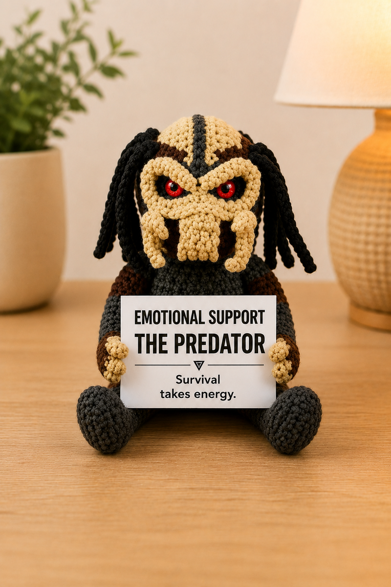 Emotional Support – The Predator 👾 - Handmade Crochet Doll - “Survival takes energy.”