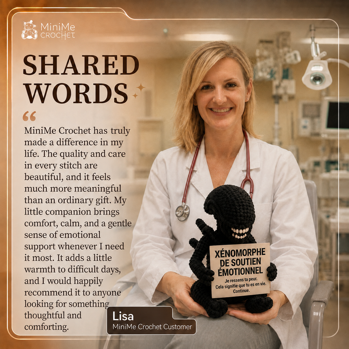 A woman in a white medical coat stands in a clinic holding a black crocheted doll with a French message card. The image includes a large testimonial on the left and a brand header reading MiniMe Crochet at the top.