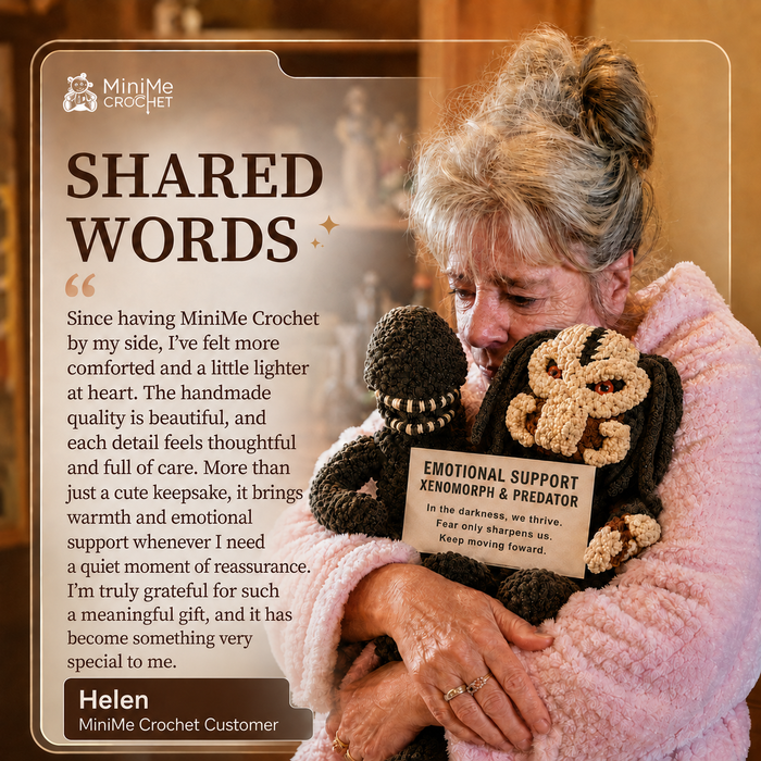 A woman in a pink blanket holds a crocheted black and brown support bear with a printed message card, set against a warm-toned background with a testimonial text box from a MiniMe Crochet customer.