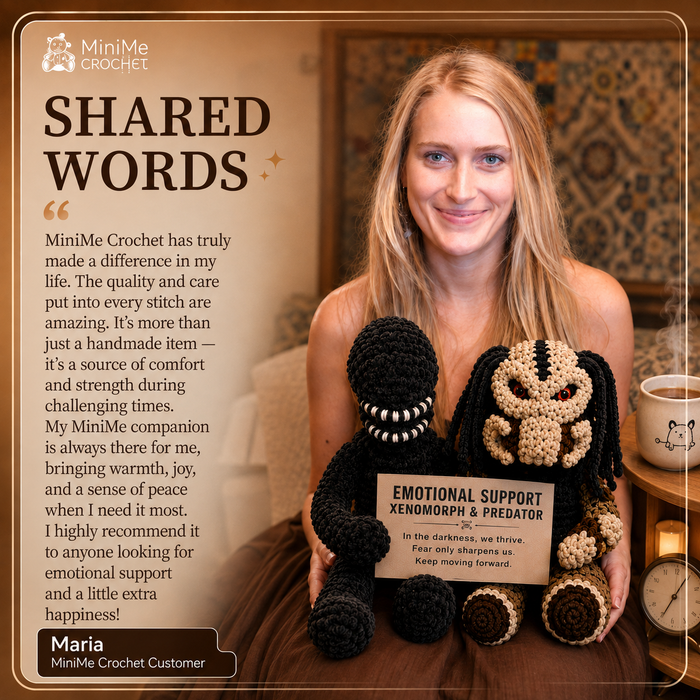 A woman holding two crocheted plush toys, one black and one beige, with a sign that reads 'Emotional Support Xenomorph & Predator.' The image includes a large text panel on the left reading 'Shared Words' and a MiniMe Crochet logo at the top left.