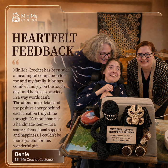A promotional graphic for MiniMe Crochet featuring a customer testimonial on the left and a display of handmade crocheted toys on a table on the right. Two women and a child are smiling behind the table, with a crocheted black-and-white wolf and a small plush bear visible.