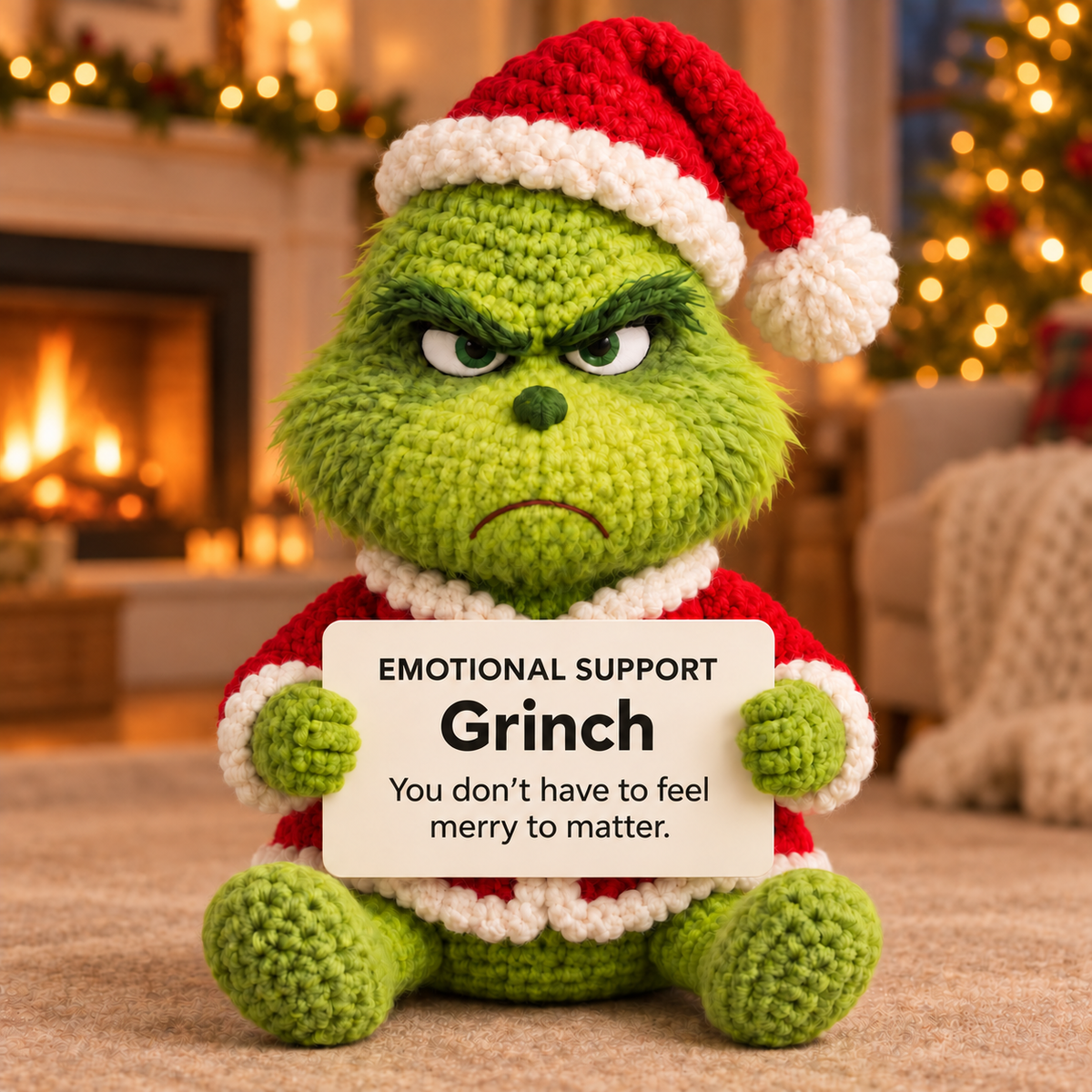 Emotional Support Grinch Xmas – Handmade Crochet Doll