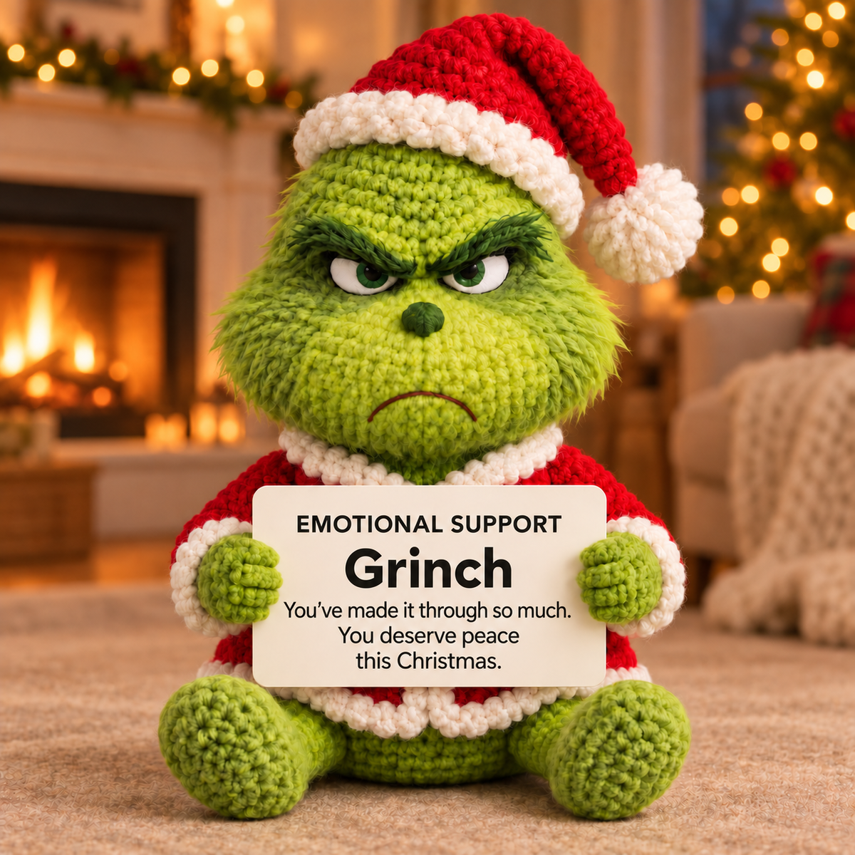 Emotional Support Grinch Xmas – Handmade Crochet Doll