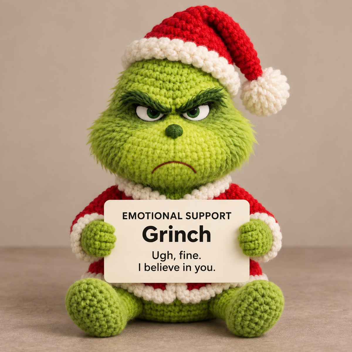 Emotional Support Grinch – Handmade Crochet Doll