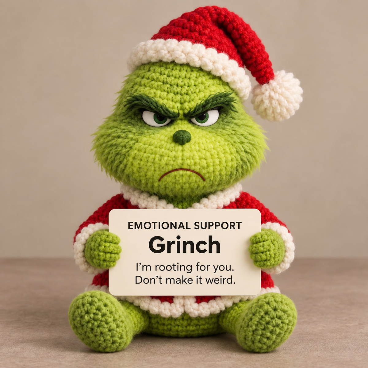 Emotional Support Grinch – Handmade Crochet Doll