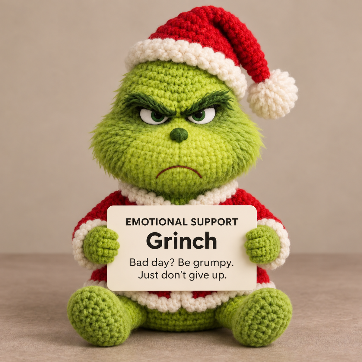 Emotional Support Grinch – Handmade Crochet Doll