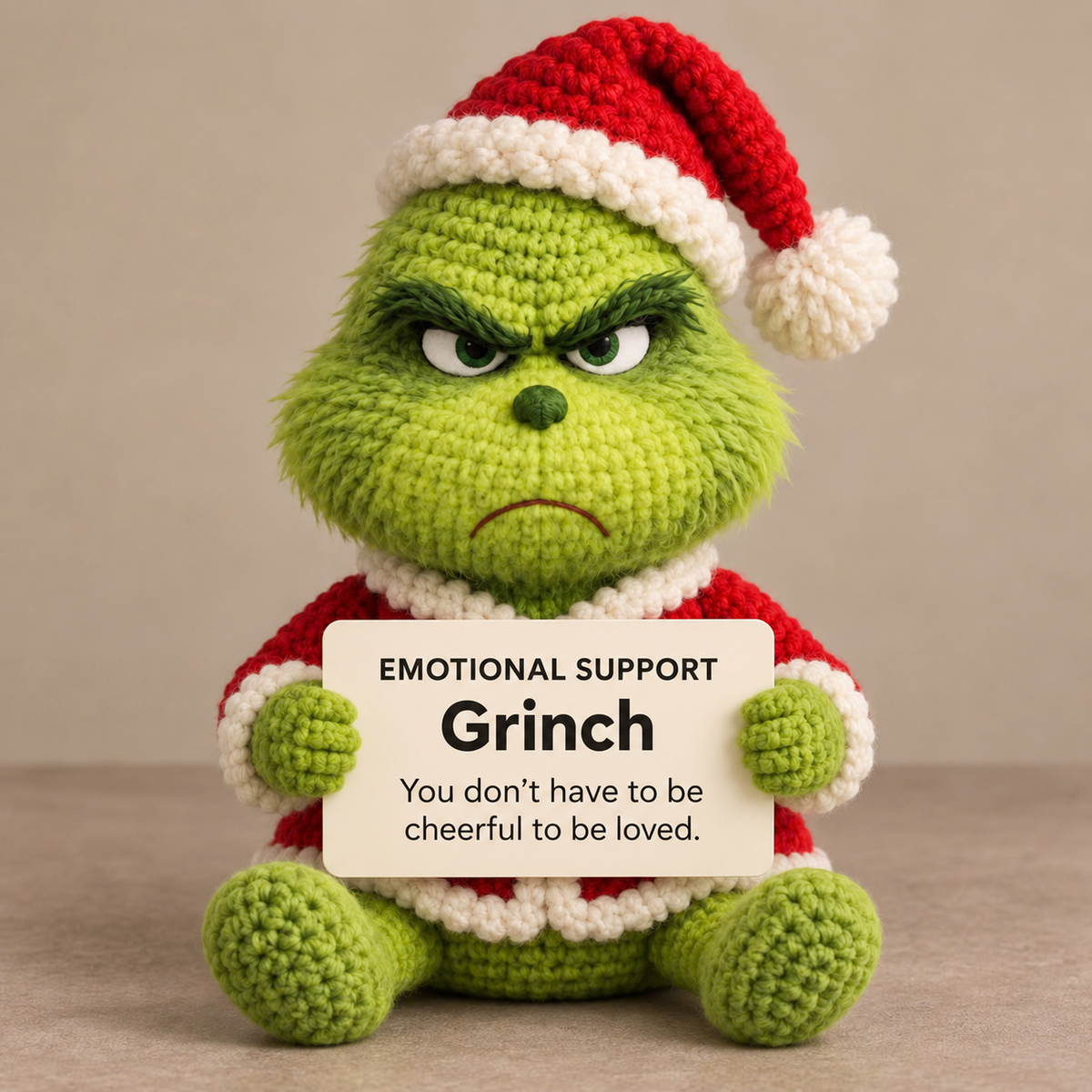 Emotional Support Grinch – Handmade Crochet Doll